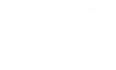Every visit from Santa includes:

• A fun and surprising entrance
• Santa will provide Christmas treats from his big red bag
The reading of a Christmas story
Each child (or party guest) will have the chance to give
 Santa their list and be photographed
Mrs. Claus is available to accompany Santa upon 
   request